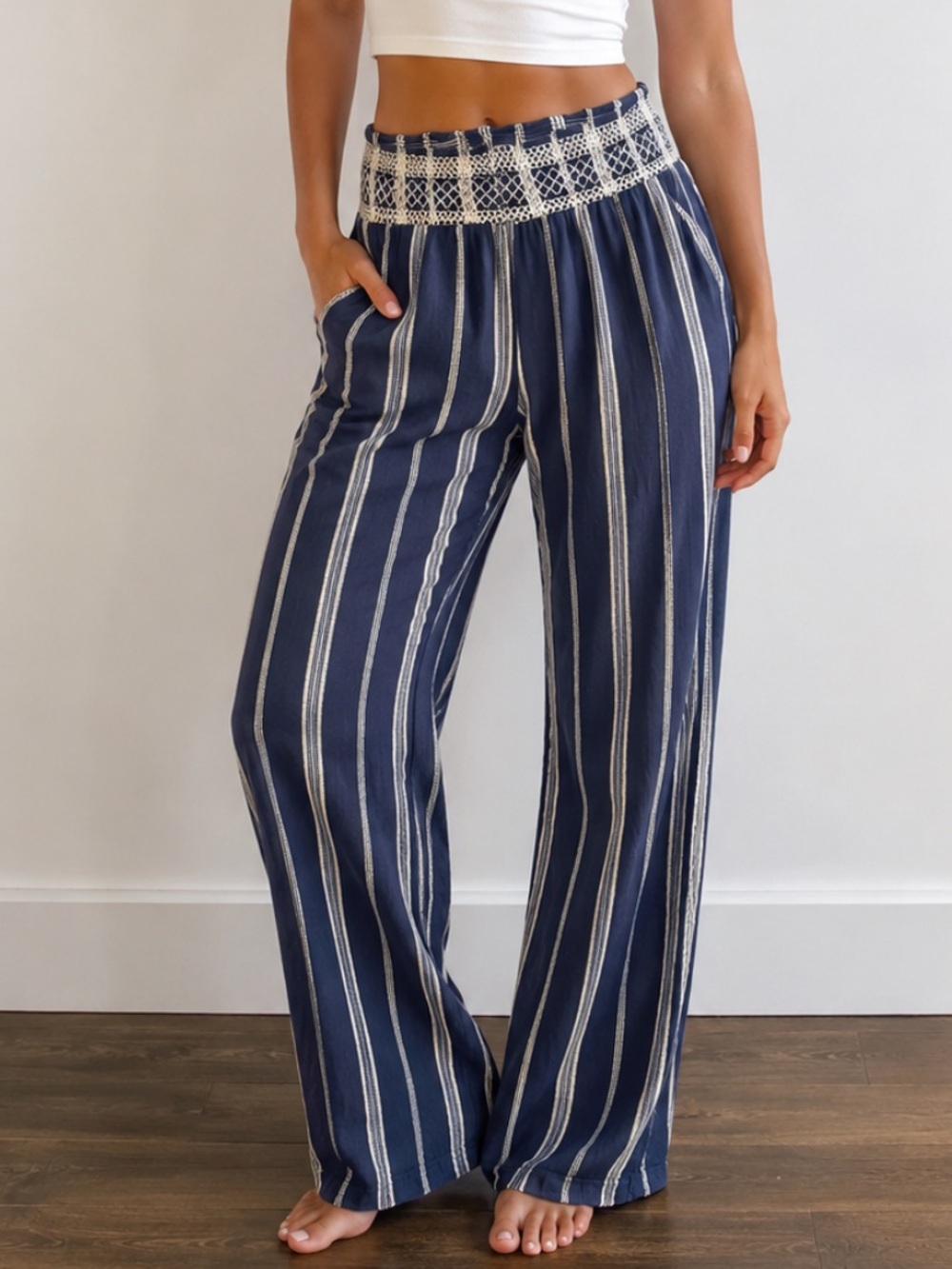 Indigo Rein Striped Smocked-Waist Wide-Leg Linen Blend Pants